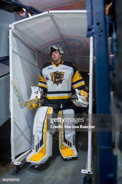 Kaden Fulcher of Hamilton Bulldogs walks to the ice through the tunnel for game 1 against the Regina Pats at Brandt Centre - Evraz Place on May 18,...