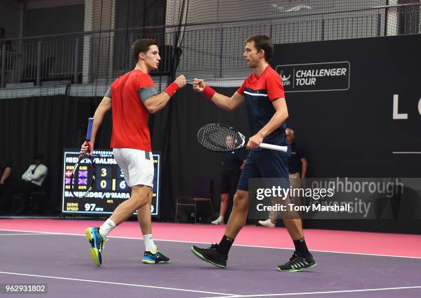 Frederik Nielsen of Denmark and Joe Salisbury of Great Britain in action in the final against Luke Bambridge and Jonny O'Mara of Great Britain in the...