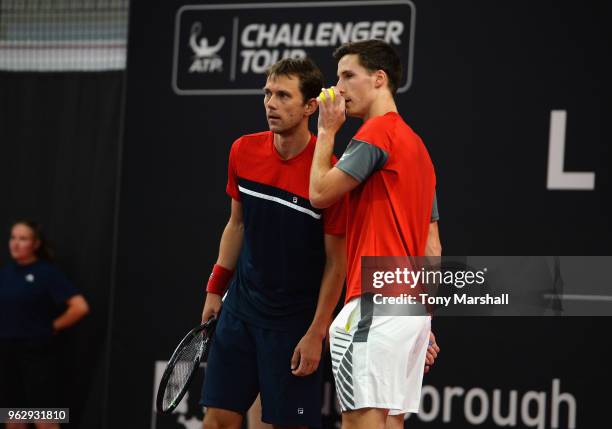 Frederik Nielsen of Denmark and Joe Salisbury of Great Britain in action in the final against Luke Bambridge and Jonny O'Mara of Great Britain in the...