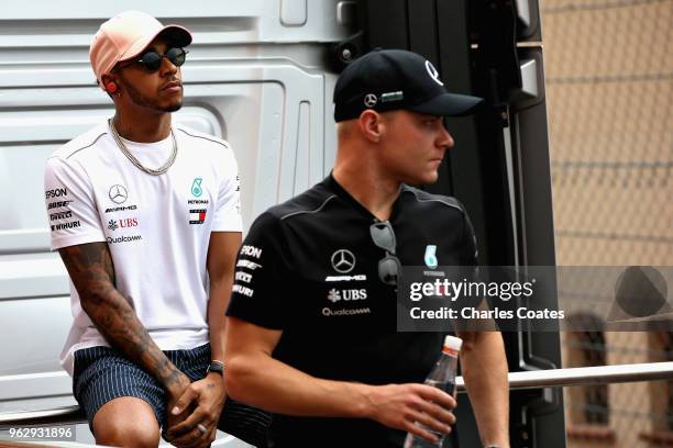 Lewis Hamilton of Great Britain and Mercedes GP and Valtteri Bottas of Finland and Mercedes GP on the drivers parade before the Monaco Formula One...