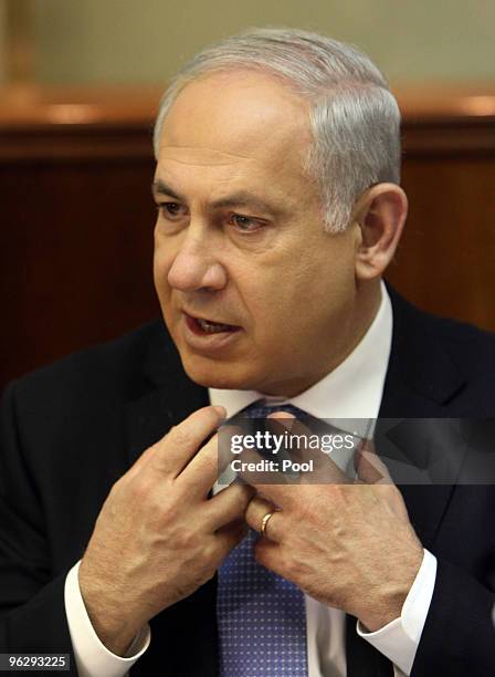 Israeli Prime Minister Benjamin Netanyahu gestures as he chairs the weekly cabinet meeting in his Jerusalem offices on January 31, 2010 in Israel....