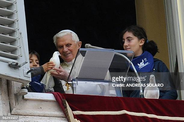 Pope Benedict XVI prepares to set free a dove from the window of his appartment at the end of his Sunday Angelus prayer in St. Peter's square at the...