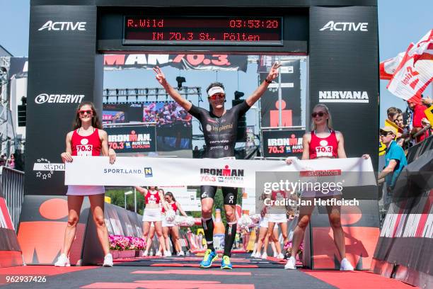 Ruedi Wild of Switzerland reacts after winning the second place the IRONMAN 70.3 St Polten on May 27, 2018 in Sankt Polten, Austria.