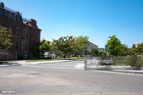 Campus buildings and roads on a sunny day on the main campus of UC Berkeley in downtown Berkeley, California, May 21, 2018.