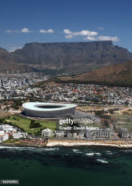 An aerial view of the Green Point Stadium which will host matches in the FIFA 2010 World Cup, on the January 26, 2010 in Cape Town, South Africa.