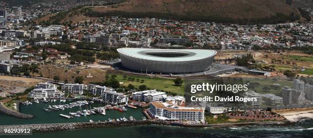 An aerial view of the Green Point Stadium which will host matches in the FIFA 2010 World Cup, on the January 26, 2010 in Cape Town, South Africa.