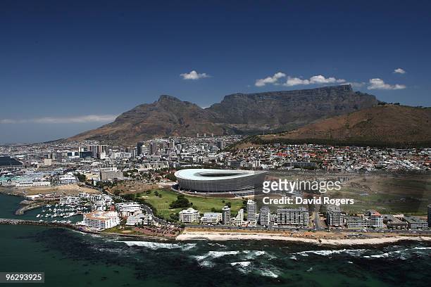 An aerial view of the Green Point Stadium which will host matches in the FIFA 2010 World Cup, on the January 26, 2010 in Cape Town, South Africa.