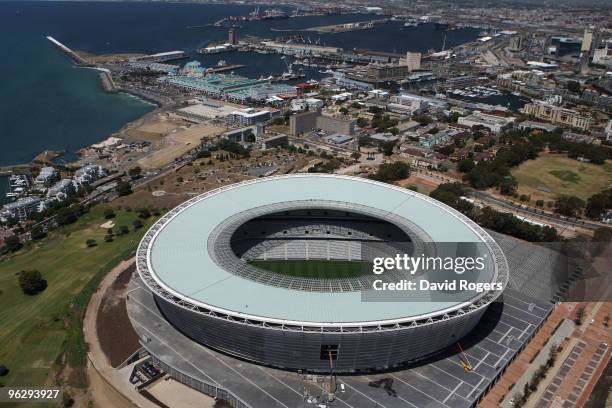 An aerial view of the Green Point Stadium which will host matches in the FIFA 2010 World Cup, on the January 26, 2010 in Cape Town, South Africa.