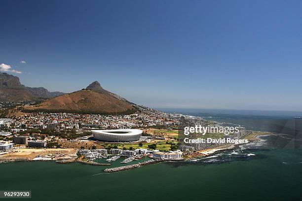 An aerial view of the Green Point Stadium which will host matches in the FIFA 2010 World Cup, on the January 26, 2010 in Cape Town, South Africa.