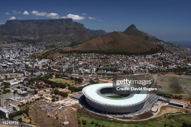 An aerial view of the Green Point Stadium which will host matches in the FIFA 2010 World Cup, on the January 26, 2010 in Cape Town, South Africa.