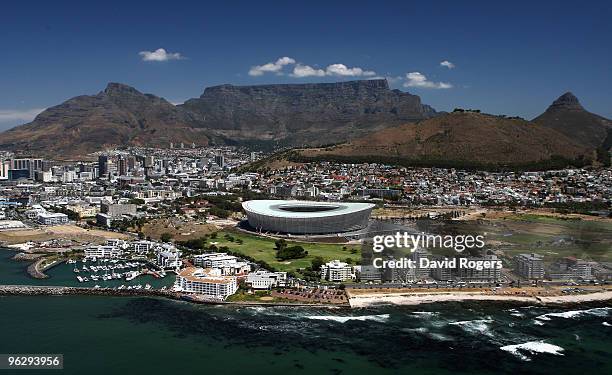 An aerial view of the Green Point Stadium which will host matches in the FIFA 2010 World Cup, on the January 26, 2010 in Cape Town, South Africa.