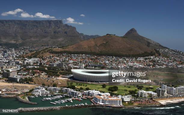 An aerial view of the Green Point Stadium which will host matches in the FIFA 2010 World Cup, on the January 26, 2010 in Cape Town, South Africa.