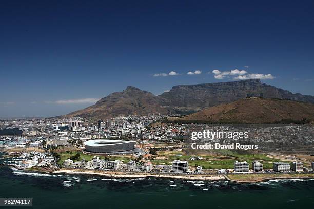 An aerial view of the Green Point Stadium which will host matches in the FIFA 2010 World Cup, on the January 26, 2010 in Cape Town, South Africa.
