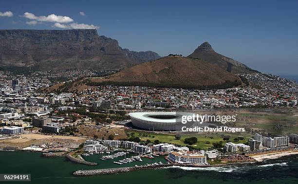 An aerial view of the Green Point Stadium which will host matches in the FIFA 2010 World Cup, on the January 26, 2010 in Cape Town, South Africa.