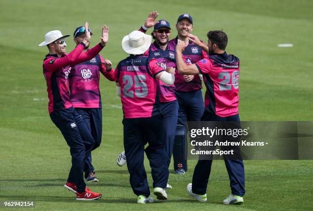 Northants Steelbacks' Ben Sanderson celebrates with his teammates after taking the wicket of Cameron Steel during the Royal London One Day Cup match...