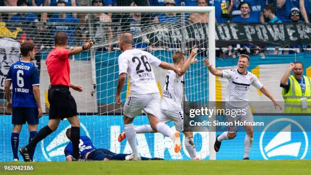 Connor Krempicki of Uerdingen celebrates his team's first goal during the Third League Playoff Leg 2 match between SV Waldhof Mannheim and KFC...