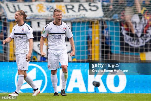 Connor Krempicki of Uerdingen celebrates his team's first goal during the Third League Playoff Leg 2 match between SV Waldhof Mannheim and KFC...