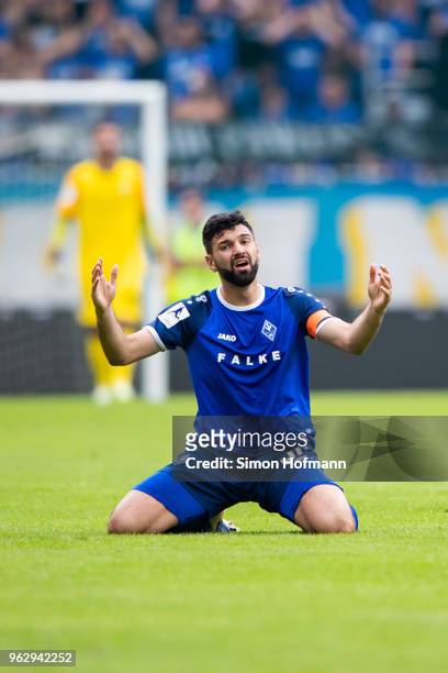 Daniel Di Gregorio of Mannheim is dejected during the Third League Playoff Leg 2 match between SV Waldhof Mannheim and KFC Uerdingen at...