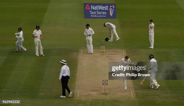 Dom Bess kicks the ground as England lost the 1st Natwest Test match between England and Pakistan at Lord's cricket ground on May 27, 2018 in London,...