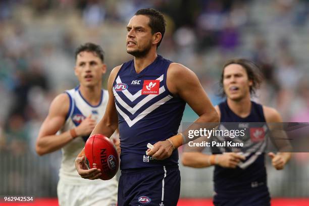 Michael Johnson of the Dockers looks on after being awarded a 50 meter penalty during the round 10 AFL match between the Fremantle Dockers and the...