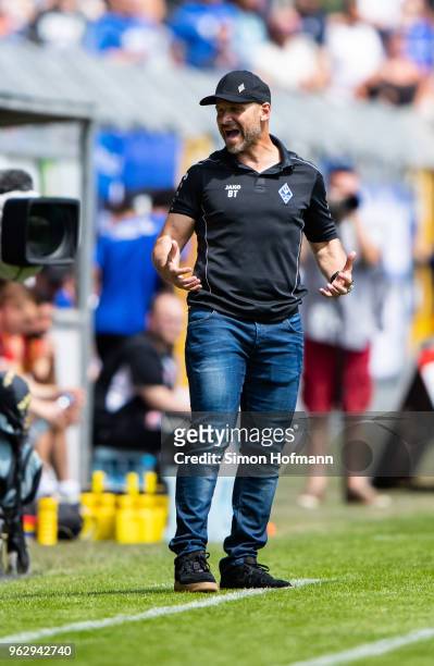 Head coach Bernhard Trares of Mannheim reacts during the Third League Playoff Leg 2 match between SV Waldhof Mannheim and KFC Uerdingen at...