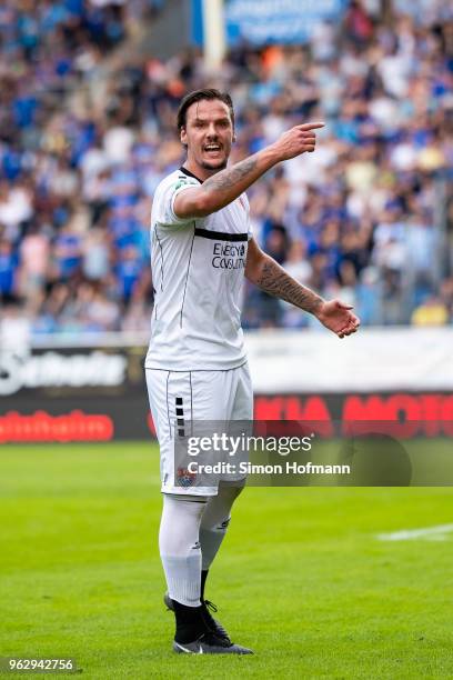 Christopher Schorch of Uerdingen reacts during the Third League Playoff Leg 2 match between SV Waldhof Mannheim and KFC Uerdingen at...