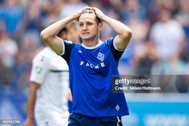 Marco Schuster of Mannheim reacts during the Third League Playoff Leg 2 match between SV Waldhof Mannheim and KFC Uerdingen at Carl-Benz-Stadium on...