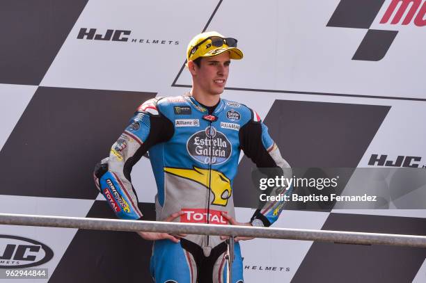 Alex Marquez of Estrella Galicia Marc VDS on the podium during the Moto 2 Grand Prix de France at Circuit Bugatti on May 20, 2018 in Le Mans, France.