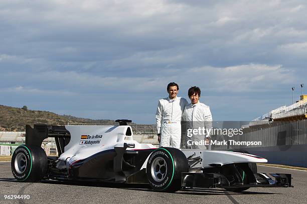 Pedro de la Rosa of Spain and Kamui Kobayashi of Japan unveil the new BMW Sauber C29 at the Ricardo Tormo circuit on January 31, 2010 in Valencia,...