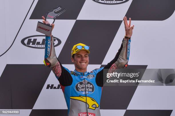 Joan Mir of Estrella Galicia Marc VDS celebrates on the Podium during the Moto 2 Grand Prix de France at Circuit Bugatti on May 20, 2018 in Le Mans,...