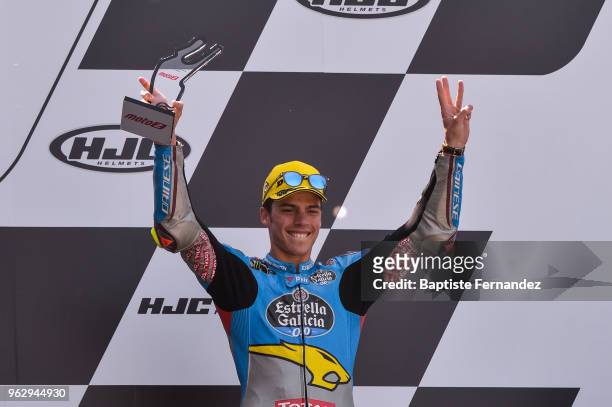 Joan Mir of Estrella Galicia Marc VDS celebrates on the Podium during the Moto 2 Grand Prix de France at Circuit Bugatti on May 20, 2018 in Le Mans,...