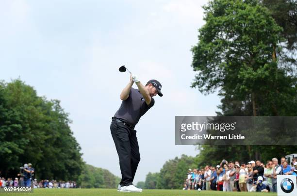 Branden Grace of South Africa tees off on the 15th hole during day four and the final round of the BMW PGA Championship at Wentworth on May 27, 2018...