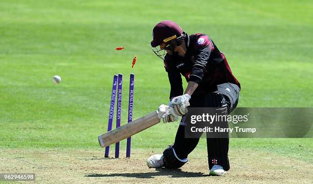 Jamie Overton of Somerset is bowled by Tom Helm of Middlesex during the Royal London One-Day Cup match between Somerset and Middlesex at The Cooper...