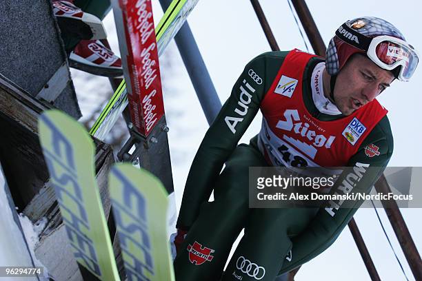 Bjoern Kircheisen of Germany competes in the Gundersen Ski Jumping HS 100 event during day two of the FIS Nordic Combined World Cup on January 31,...