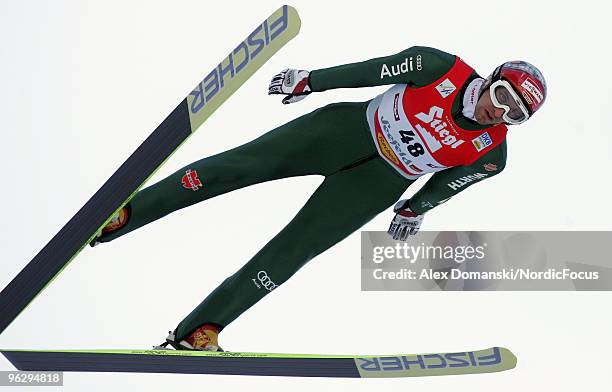 Bjoern Kircheisen of Germany competes in the Gundersen Ski Jumping HS 100 event during day two of the FIS Nordic Combined World Cup on January 31,...