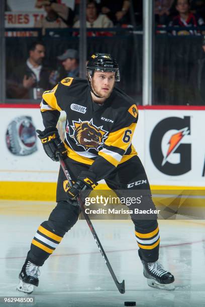 Riley Stillman of Hamilton Bulldogs skates with the puck against the Acadie-Bathurst Titan at Brandt Centre - Evraz Place on May 22, 2018 in Regina,...