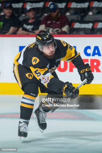 Justin Lemcke of Hamilton Bulldogs skates with the puck against the Acadie-Bathurst Titan at Brandt Centre - Evraz Place on May 22, 2018 in Regina,...