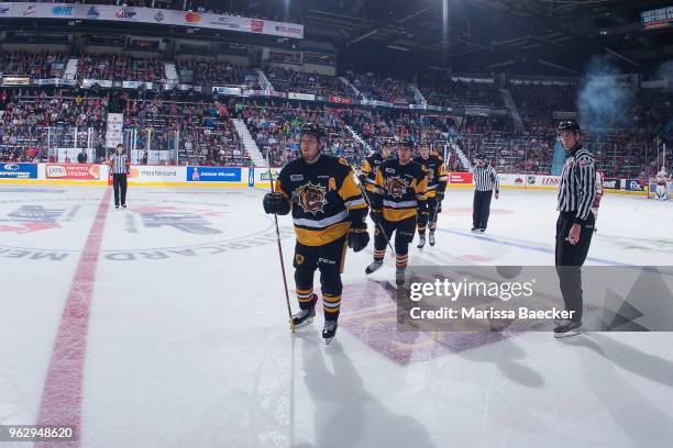 Robert Thomas of Hamilton Bulldogs skates to the bench to celebrate a goal against the Acadie-Bathurst Titan at Brandt Centre - Evraz Place on May...