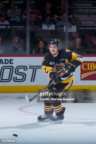 Robert Thomas of Hamilton Bulldogs passes the puck against the Acadie-Bathurst Titan at Brandt Centre - Evraz Place on May 22, 2018 in Regina, Canada.