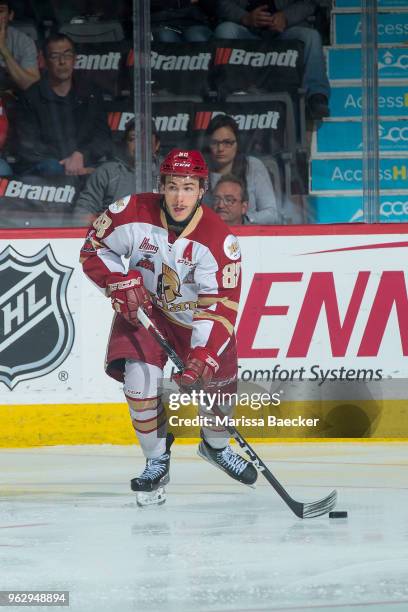 Antoine Morand of Acadie-Bathurst Titan skates with the puck against the Hamilton BulldogsAntoine Morand; at Brandt Centre - Evraz Place on May 22,...