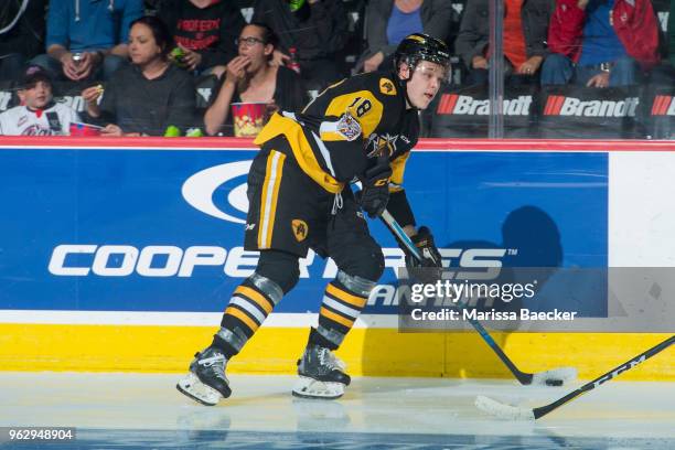 Matthew Strome of the Hamilton Bulldogs looks for the pass against the Acadie-Bathurst Titan at Brandt Centre - Evraz Place on May 22, 2018 in...