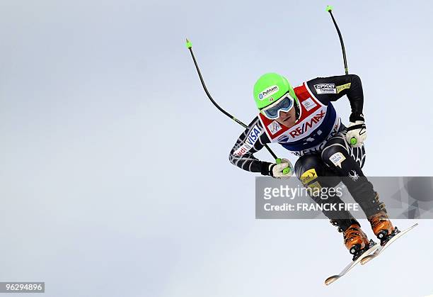 Ted Ligety jumps during the 1st round of the FIS World Cup Men's Super combined-downhilll in Wengen on January 15, 2010. AFP PHOTO / FRANCK FIFE