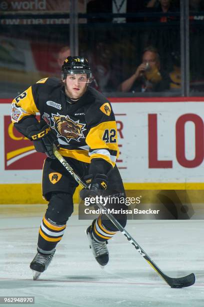 Benjamin Gleason of Hamilton Bulldogs skates against the Acadie-Bathurst Titan at Brandt Centre - Evraz Place on May 22, 2018 in Regina, Canada.