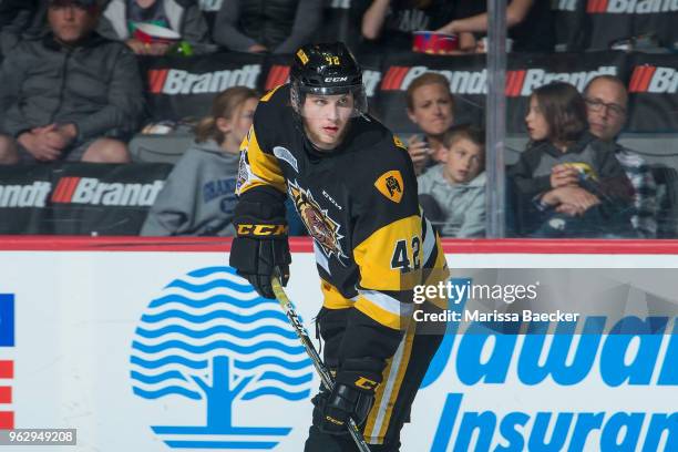 Benjamin Gleason of Hamilton Bulldogs against the Acadie-Bathurst Titan at Brandt Centre - Evraz Place on May 22, 2018 in Regina, Canada.