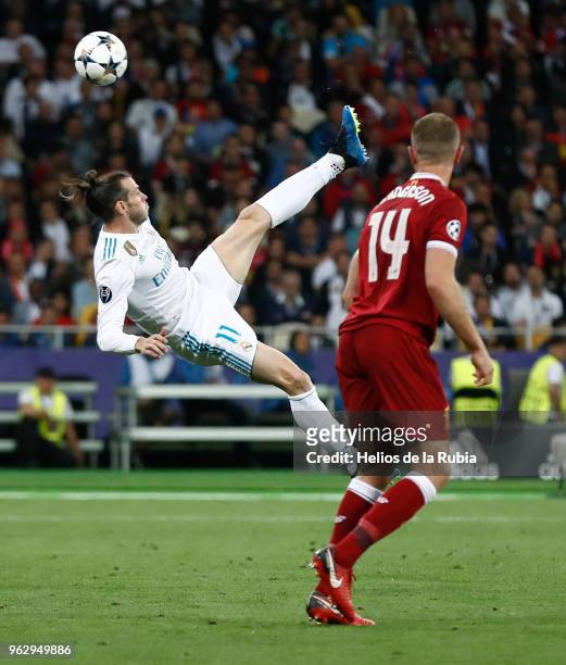 Gareth Bale of Madrid scores the goal during the UEFA Champions League Final match between Real Madrid and Liverpool at the Olympic Stadium in Kiev,...