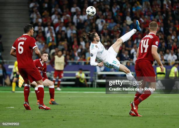 Gareth Bale of Madrid scores the goal during the UEFA Champions League Final match between Real Madrid and Liverpool at the Olympic Stadium in Kiev,...