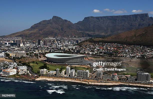 An aerial view of the Green Point Stadium which will host matches in the FIFA 2010 World Cup, on January 26, 2010 in Cape Town, South Africa.