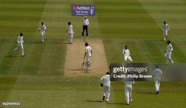 Mohammad Abbas of Pakistan celebrates after dismissing Jos Buttler during the fourth day of the 1st Natwest Test match between England and Pakistan...