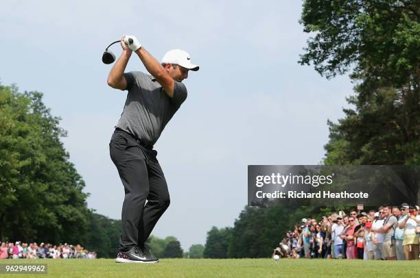 Francesco Molinari of Italy tees off on the 15th hole during the final round of the BMW PGA Championship at Wentworth on May 27, 2018 in Virginia...