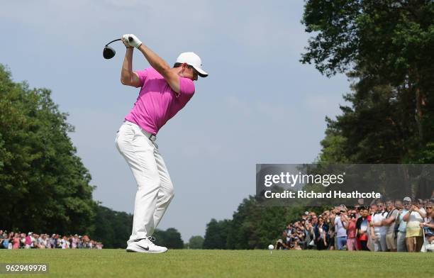 Rory McIlroy of Northern Ireland tees off on the 15th hole during the final round of the BMW PGA Championship at Wentworth on May 27, 2018 in...